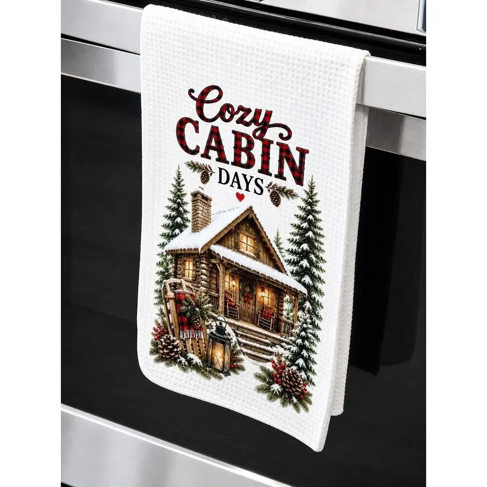 Cozy Cabin Days Winter Kitchen Towel Rustic Farmhouse Snowy Cabin Decor